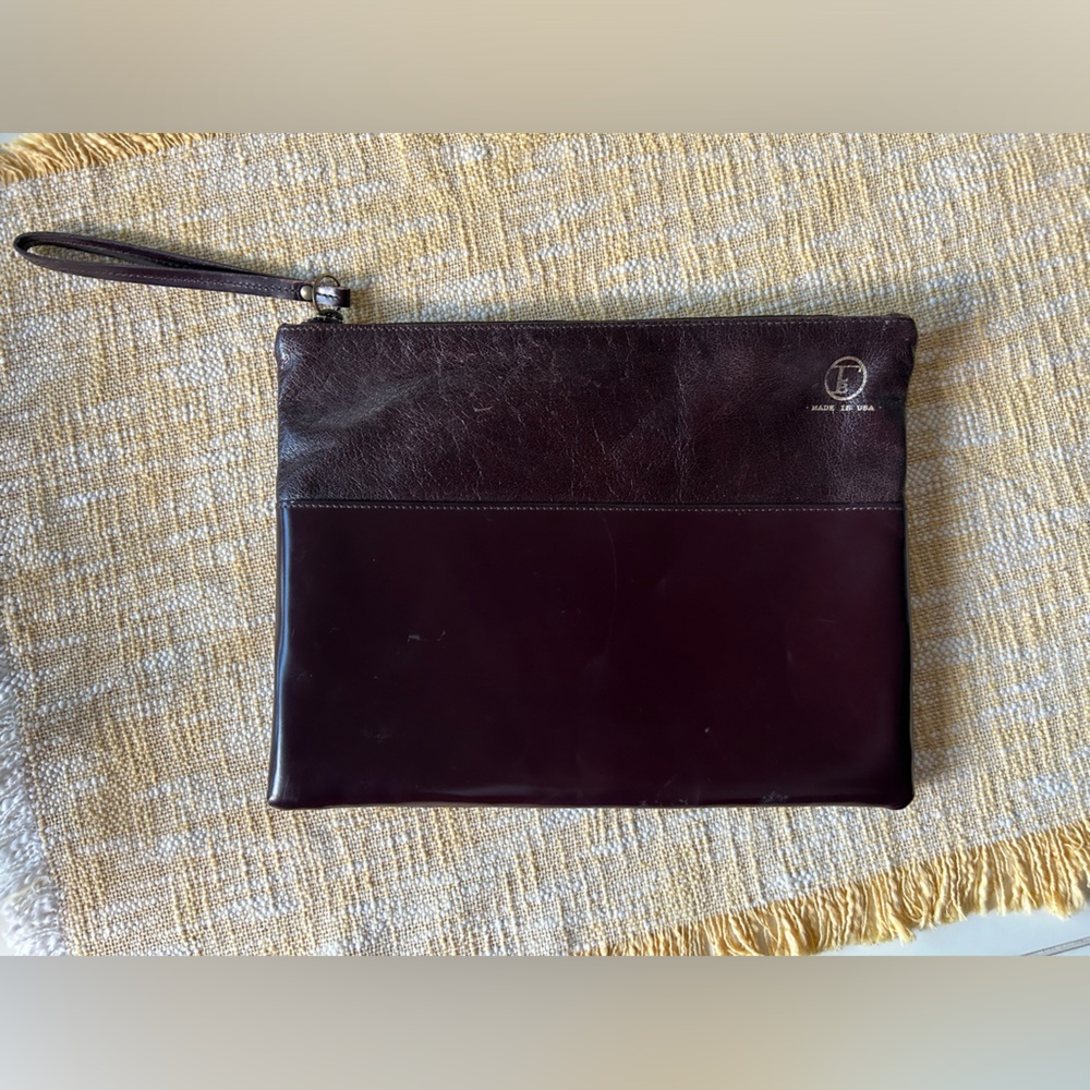 fleabags oversized wristlet, mahogany brown leather, fabric-lined, 8.5”x11”